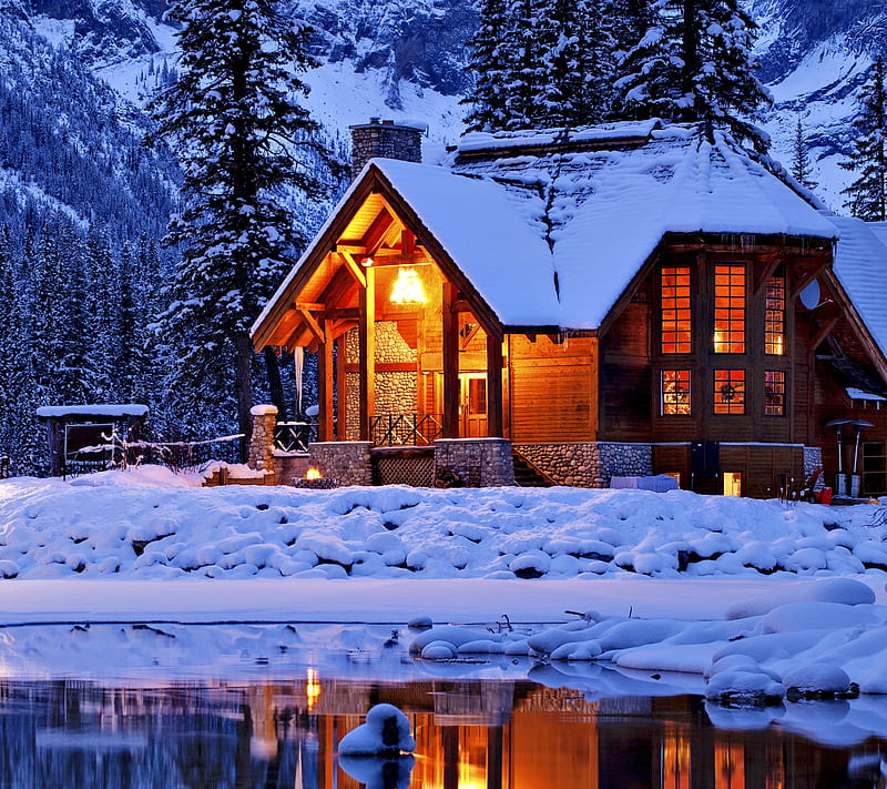 Winter Lodge, blue, house, lake, mountain, snow, HD wallpaper