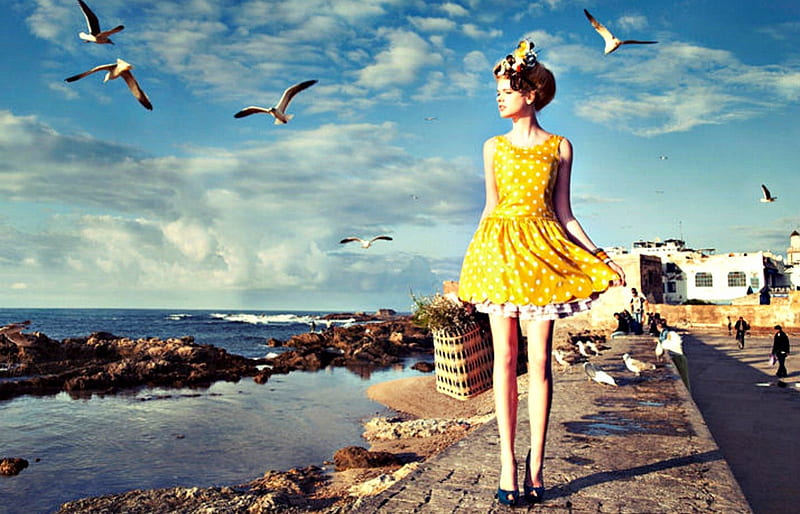 Valerie Van Der Graaf, dress, cloud, model, yellow, seagull, sky, woman, girl, bird, summer, blue, HD wallpaper
