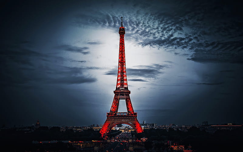 Eiffel Tower, red illumination, french landmarks, darkness, Paris, France, Europe, HD wallpaper