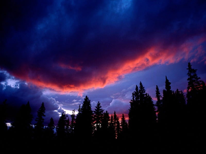 MOUNT EVANS, skies, mountain, red, colourful, dark, trees, clouds, blue, HD wallpaper