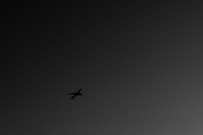 plane, bw, sky, flight, dark, minimalism, HD wallpaper