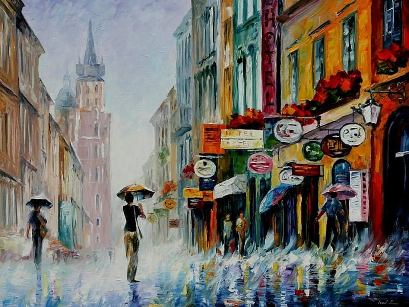Summer Downpour, art, orange, streetscape, abstract, mood, nostalgic, people, painting, gris, rain, blue, HD wallpaper