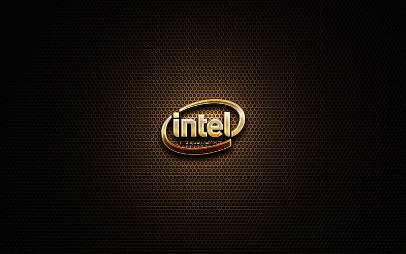 Intel glitter logo, creative, metal grid background, Intel logo, brands, Intel, HD wallpaper