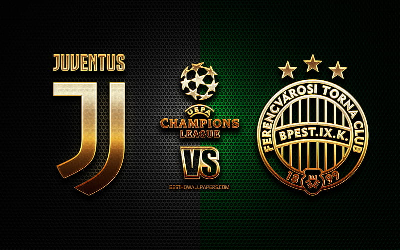 Juventus vs Ferencvaros, season 2020-2021, Group G, UEFA Champions League, metal grid backgrounds, golden glitter logo, Juventus FC, Ferencvaros TC, UEFA, HD wallpaper