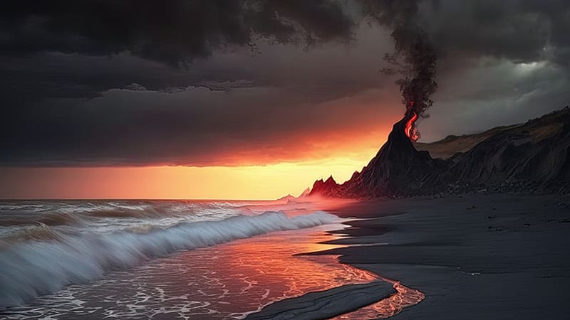 Eruption, lava, volcano, sunset, sea, sunrise, ocean, mountain, flow, HD wallpaper