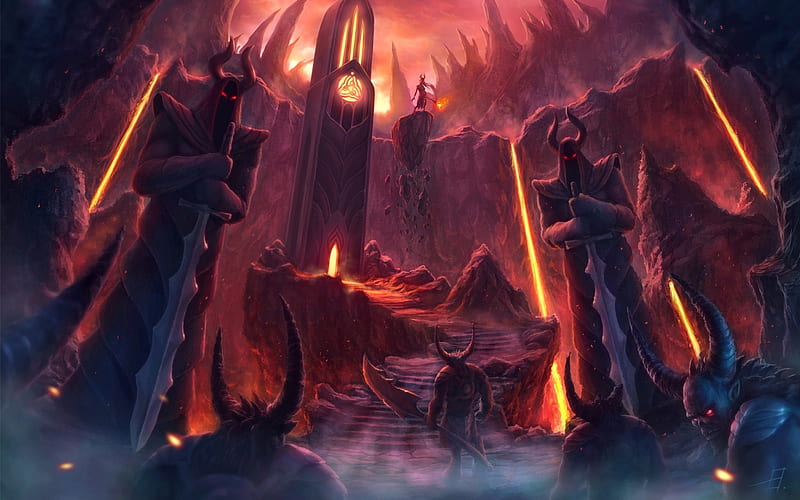 from hell, statues, mountains, doorway, lava, weapon, beasts, HD wallpaper