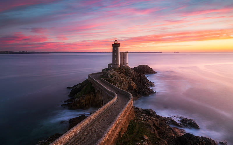 Finistere Lighthouse, Brittany, France, architecture, sunset, france, lighthouse, HD wallpaper