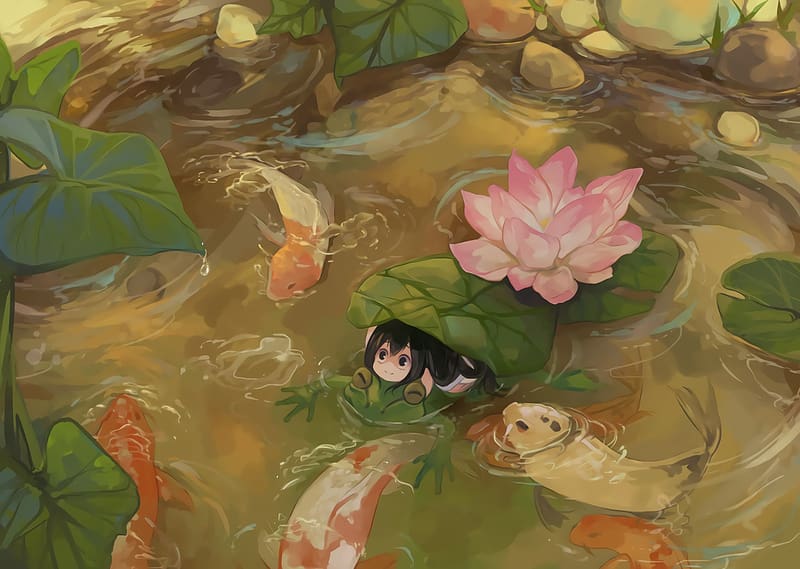 Anime, Leaf, Pond, Fish, Frog, My Hero Academia, Tsuyu Asui, HD wallpaper