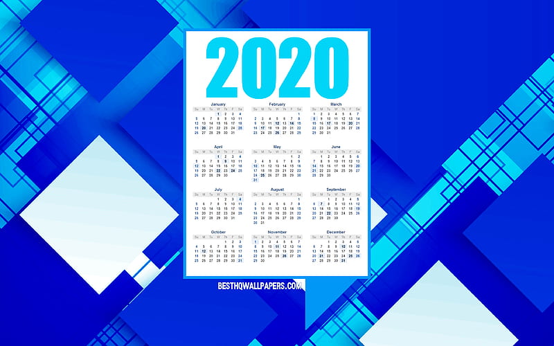 2020 Calendar, all months, blue abstract background, blue 2020 year Calendar, Calendar for 2020, creative art, HD wallpaper