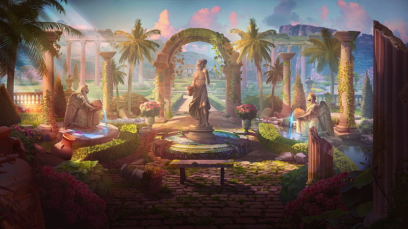 Greek Garden by Ilija Mandic, art, world, fantasy, luminos, statue, ilija mandic, palm tree, greek garden, HD wallpaper