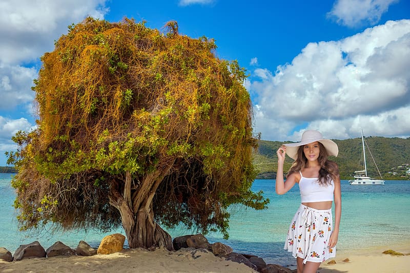 Katya Clover on the Island of Martinique, blonde, beach, skirt, model, sailboat, hat, tree, HD wallpaper