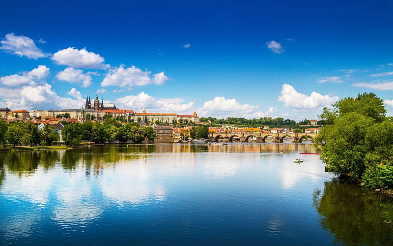 Prague, river, Vltava, panorama of Prague, summer, Czech Republic, old stone bridge, HD wallpaper