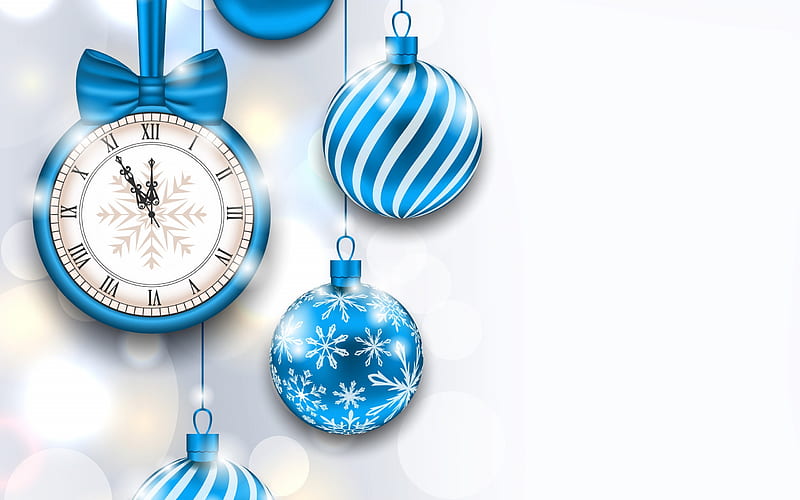 New Year, clock, Christmas, midnight, blue Christmas balls, blue silk ribbons, HD wallpaper
