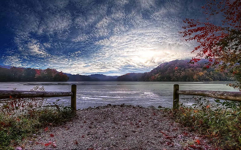 Lake Beauty, lakes, guard rail, trees, sky, clouds, mountain, reflection, landscape, blue, HD wallpaper