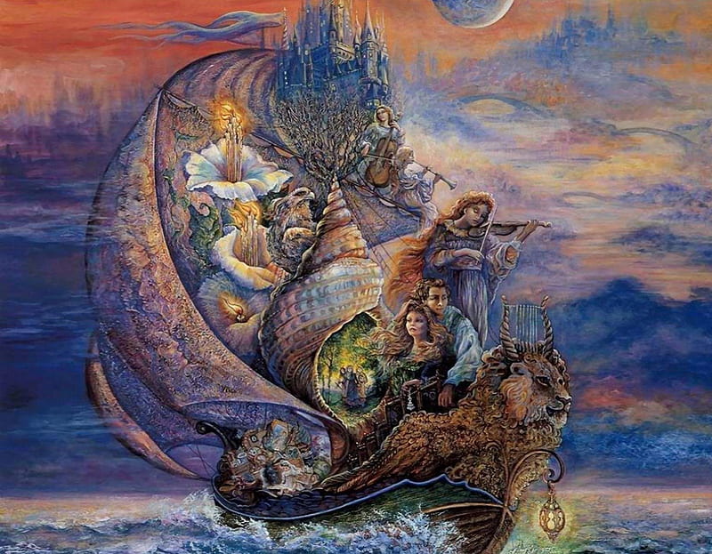 Lovers by Josephine Wall, orange, valentine, clouds, godess, sea, josephine wall, lovers, boat, painting, blue, art, violin, ocean, music, spring, sky, abstract, lion, water, shell, ship, heart, flower, day, HD wallpaper