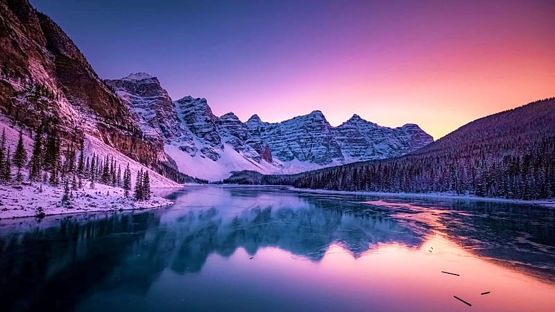 Moraine Lake, Alberta, winter, snow, banff, canada, mountains, water, sunset, reflections, HD wallpaper