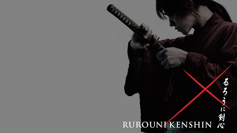 Rurouni Kenshin, male, movie, scar, himura kenshin, warrior, samurai, grey background, kenshin, anime, katana, weapon, sword, HD wallpaper