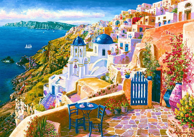 Santorini Impressions, mediterranean, buildings, painting, island, artwork, sea, HD wallpaper