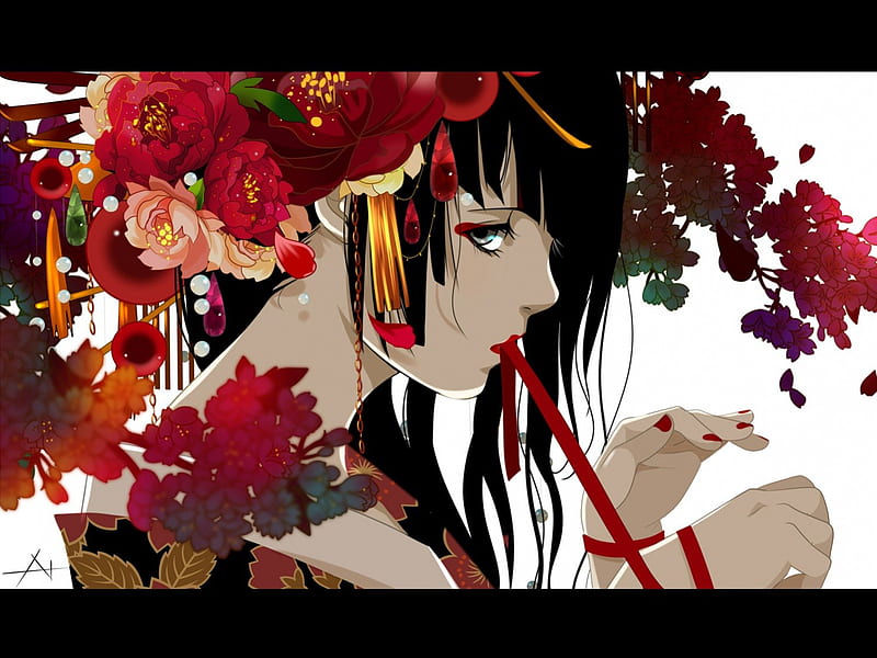 Geisha, red, manga, black, peony, girl, anime, hand, flower, beauty, white, HD wallpaper