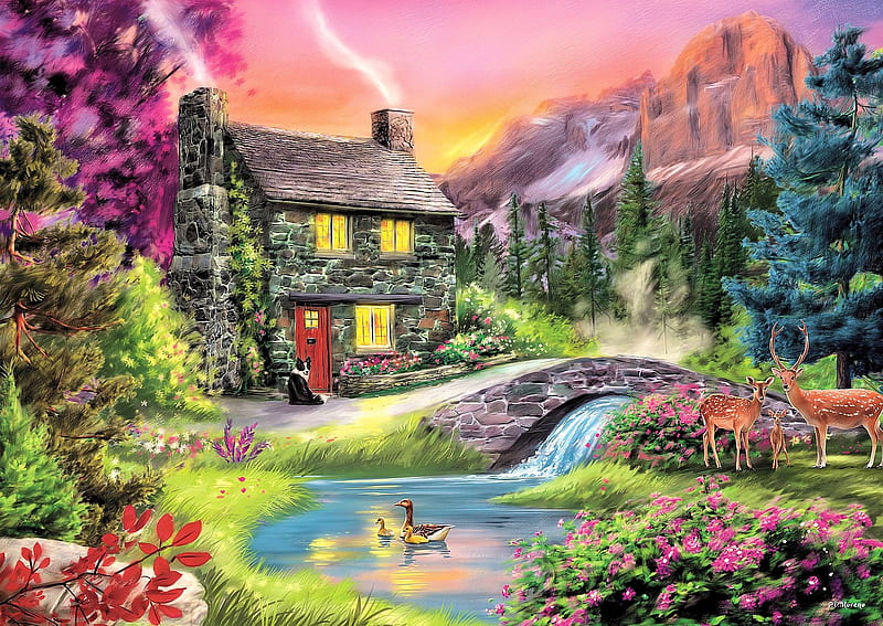Mountain Idyll, house, mountains, painting, flowers, creek, trees, deer, artwork, ducks, HD wallpaper