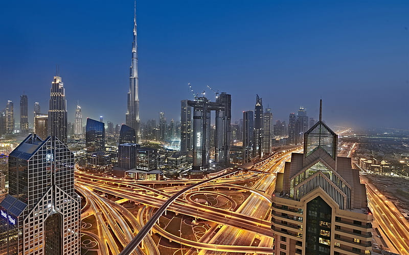 Dubai, UAE, skyscrapers, evening, modern city, Burj Khalifa, tallest building in the world, HD wallpaper