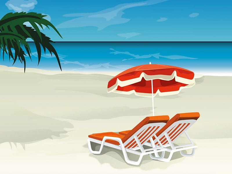 Beach Umbrella, beach, deck chairs, umbrella, palm, sea, HD wallpaper