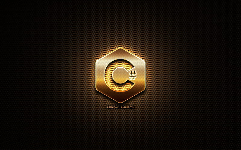 C Sharp glitter logo, programming language, grid metal background, C Sharp, creative, programming language signs, C Sharp logo, HD wallpaper