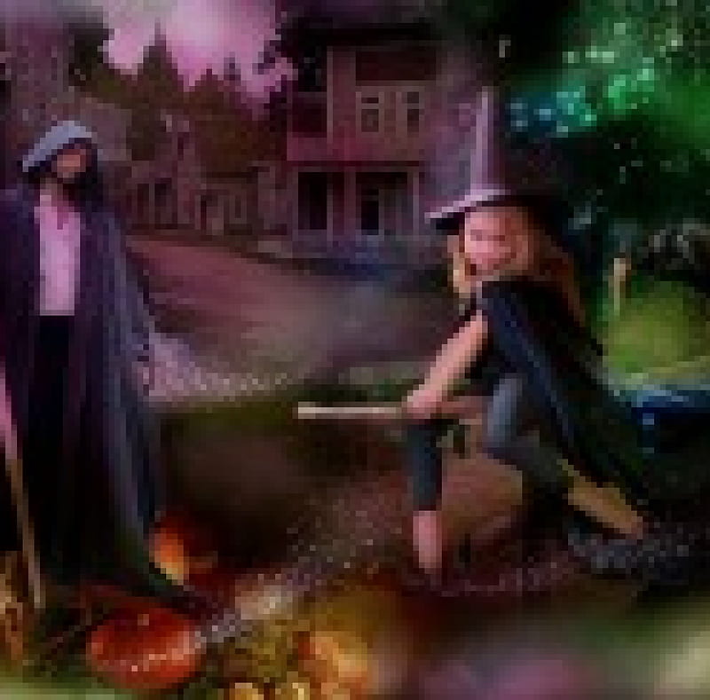 ~Challenge Period~, halloween, digital art, little witch, fantasy, bridge, manipulation, child, models, holiday, colors, love four seasons, creative pre-made, challenge period, October 31st, ravens, witch hat, weird things people wear, tower landscapes, backgrounds, pumpkins, HD wallpaper