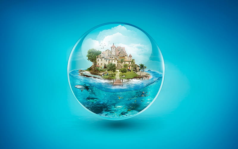 separate world, bubble, castle, tropical island, underwater world, my world concepts, HD wallpaper