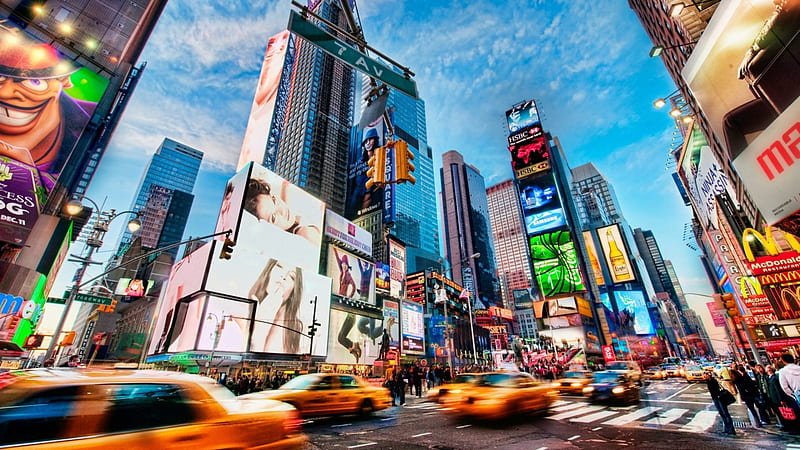bustling times square in nyc, carros, city, stree, skyscrapers, HD wallpaper