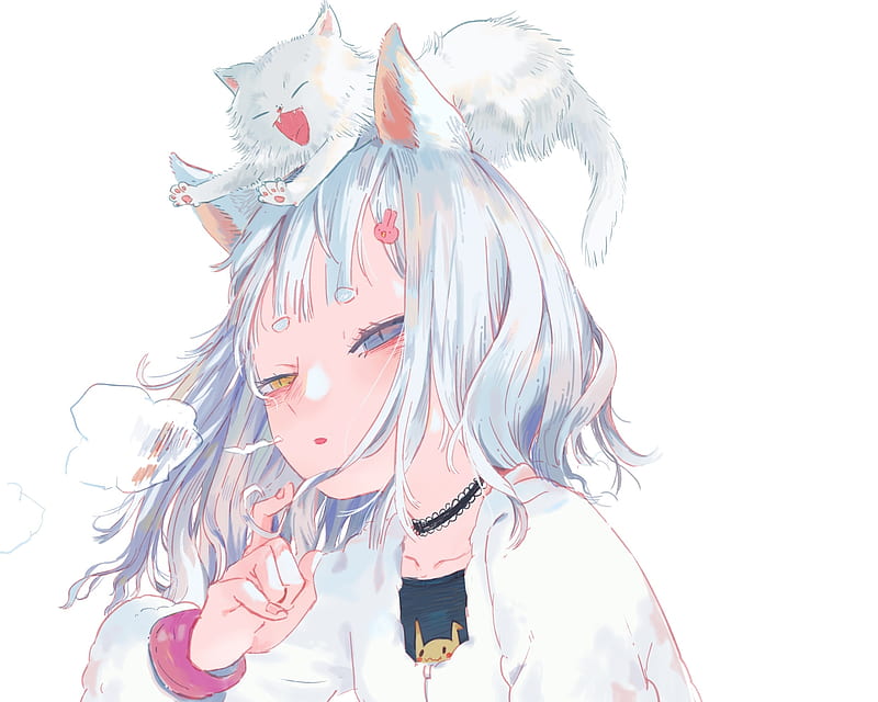 choker, white cat, anime girl, animal ears, gray hair, Anime, HD wallpaper