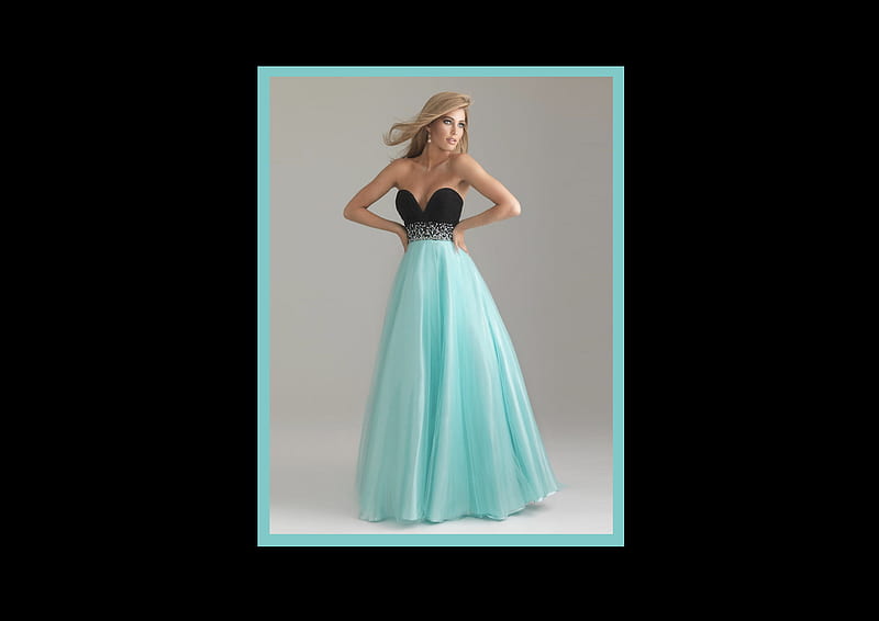 Black & Turquoise Gown, jeweled embellishment, wind, turquoise, blond, earrings, black bodice, long hair, HD wallpaper