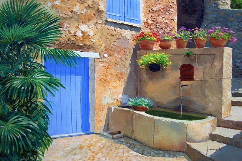 Blue door, art, fountain, house, yard, door, water, france, painting, blue, HD wallpaper