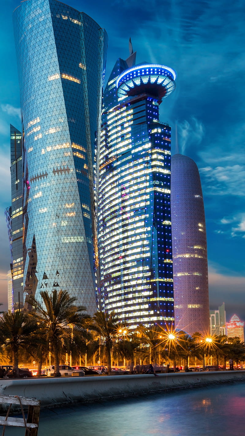 Qatar , evening, buildings, houses, skyscraper, city, HD phone wallpaper