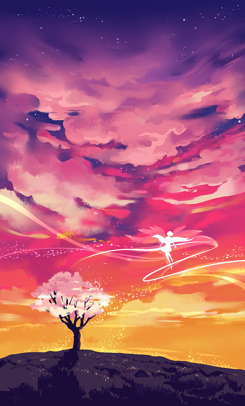 Flying angel, angel, heaven, nature, tree, HD phone wallpaper