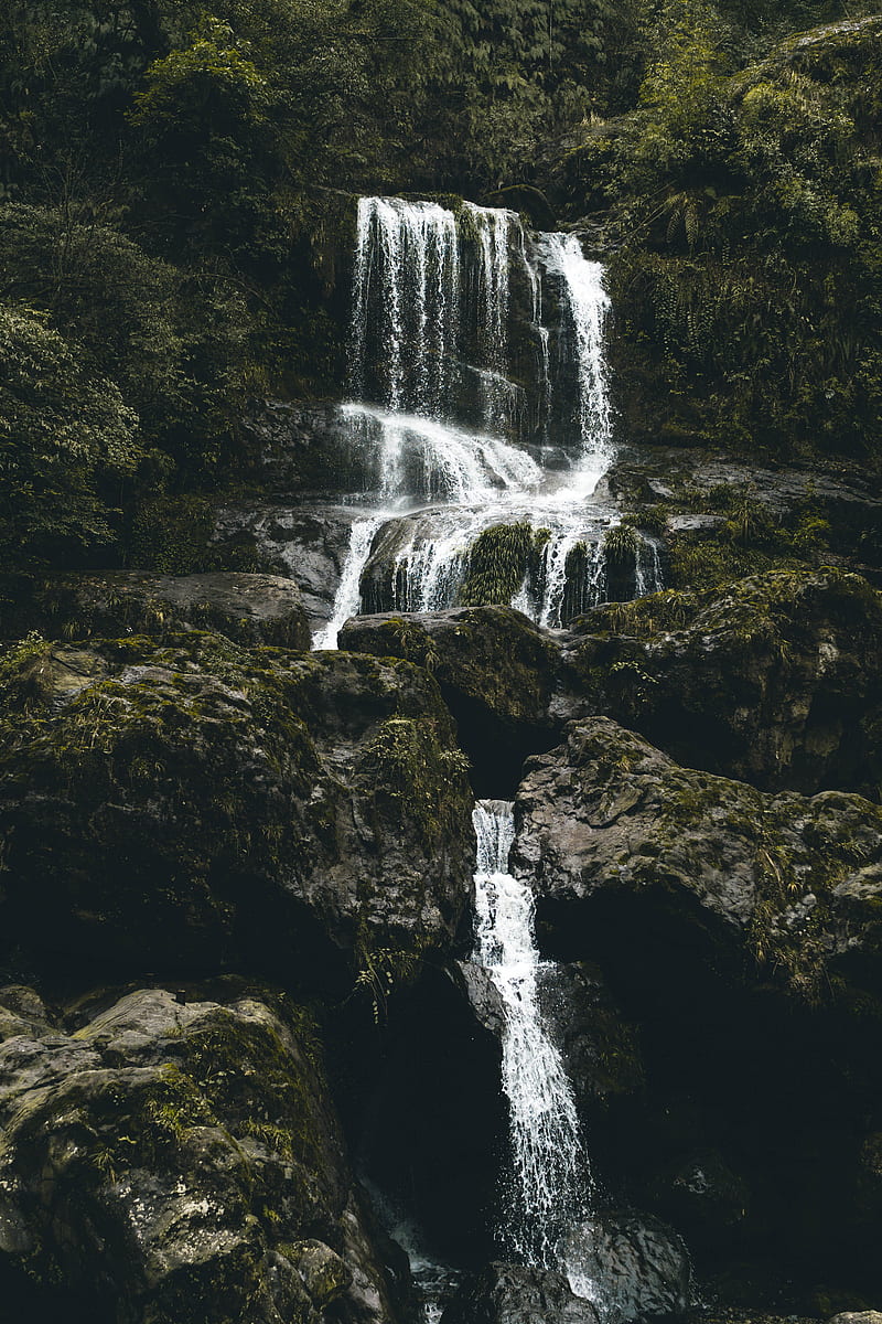waterfall, stones, flow, water, moss, vegetation, HD phone wallpaper