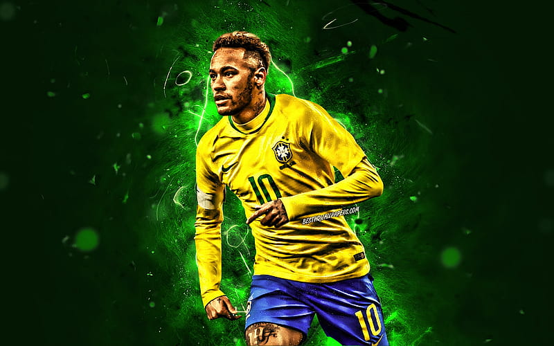 Neymar, football stars, Brazil National Team, close-up, green background, Neymar JR, soccer, creative, neon lights, Brazilian football team, HD wallpaper