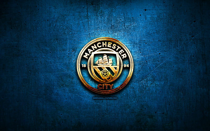 Manchester City FC, golden logo, Premier League, blue abstract background, soccer, english football club, Manchester City logo, football, Manchester City, England, HD wallpaper