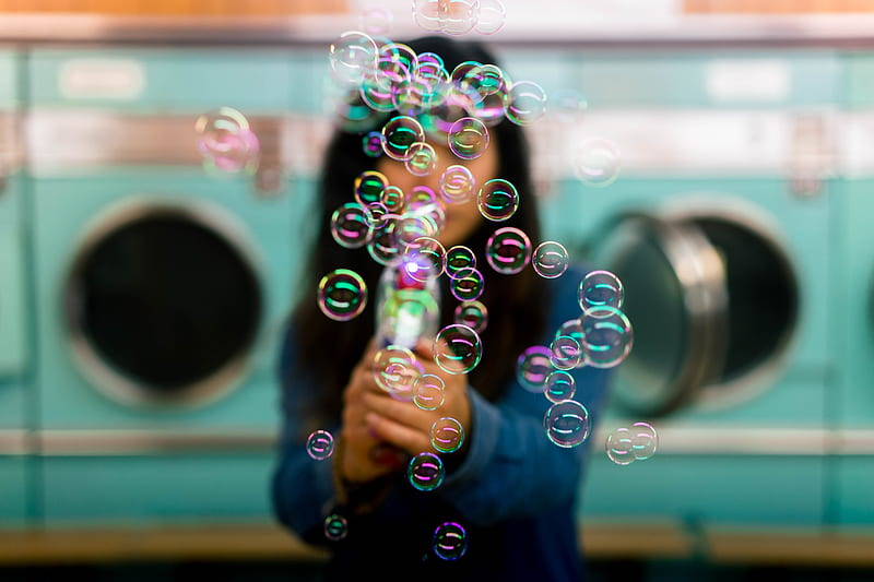 bubbles, colorful, iridescent, girl, silhouette, HD wallpaper