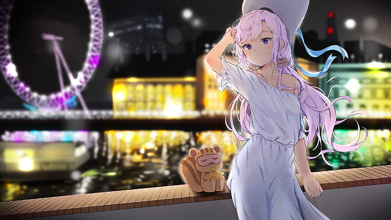 pretty anime girl, white dress, ferris wheel, cat, night, building, lights, summer, Anime, HD wallpaper