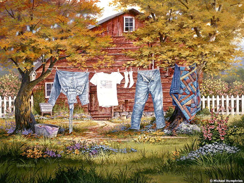 country clothes Line, clothes, bench, country, basket, HD wallpaper