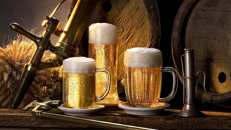Beer Glasses, glass, grain, drink, barrel, tap, HD wallpaper