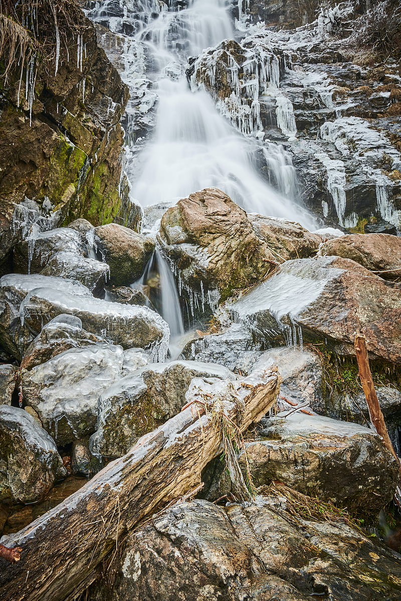 waterfall, zing, ice, icicles, rocks, HD phone wallpaper