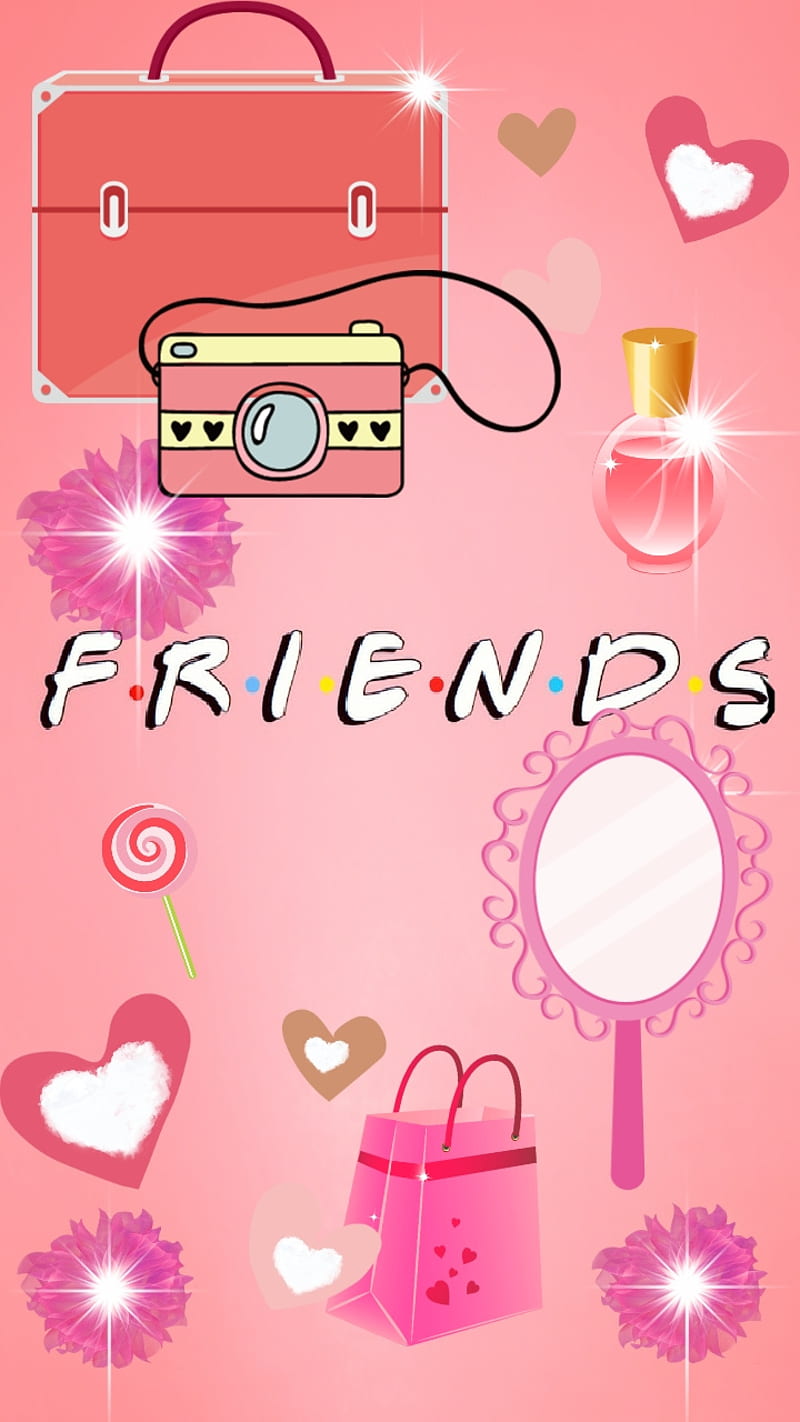 Friends, camera, flowers, fun, hand mirror, corazones, perfume, pink, HD phone wallpaper