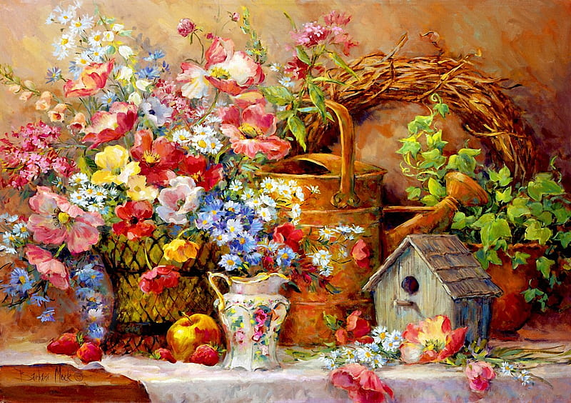 Garden Medley, bird house, apple, still life, strawberries, flowers, painting, HD wallpaper