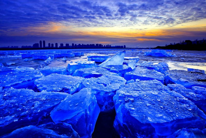 ICE FLOATS, ice, nature, sunset, blocks, winter, HD wallpaper