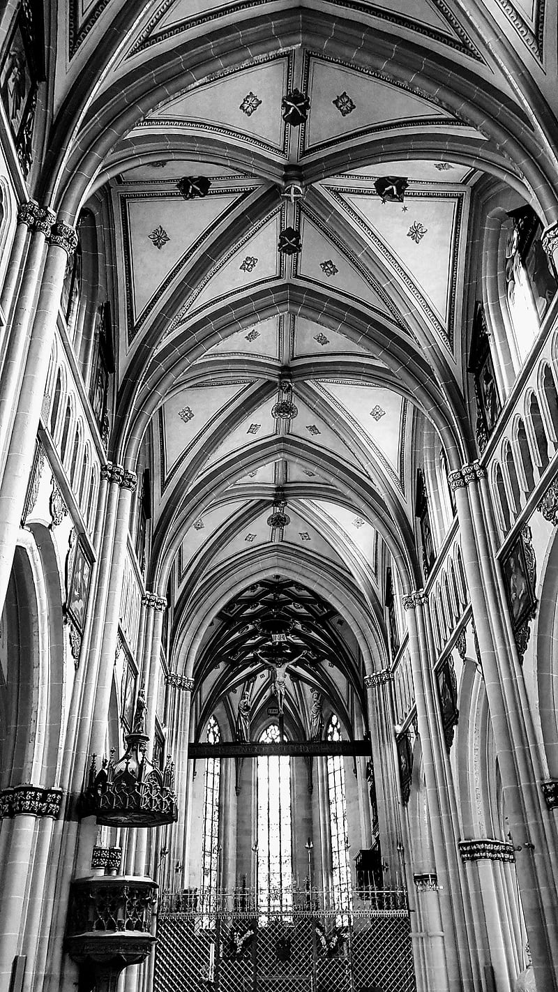 Church, black and white, cathedral, fribourg, HD phone wallpaper