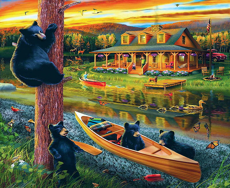Bear family adventure, pier, ducks, birds, cabin, sunset, butterflies, artwork, boat, car, painting, river, bears, dog, HD wallpaper