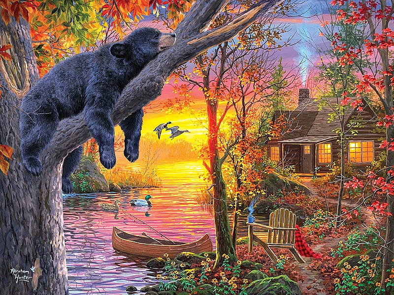 Sunset, sleep, tree, urs, cottage, abraham hunter, bear, art, painting, pictura, HD wallpaper