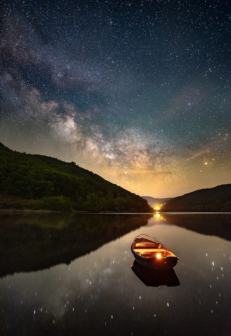 boat on lake near mountain during night time, HD phone wallpaper